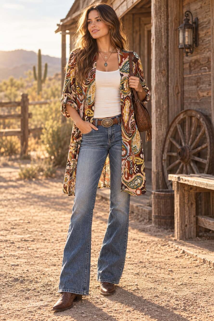 Dear Scarlett L Paisley Duster Cardigan Boho Western Stretch Kimono Top
